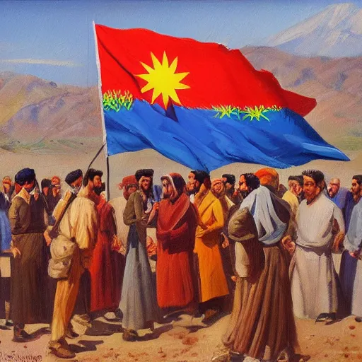 Image similar to a painting of a group of kurdish people establishingthe republic of mahabad! standing in front of a kurdish flag, an oil painting by ilya ostroukhov, featured on deviantart, socialist realism, ilya kuvshinov, movie still, oil on canvas