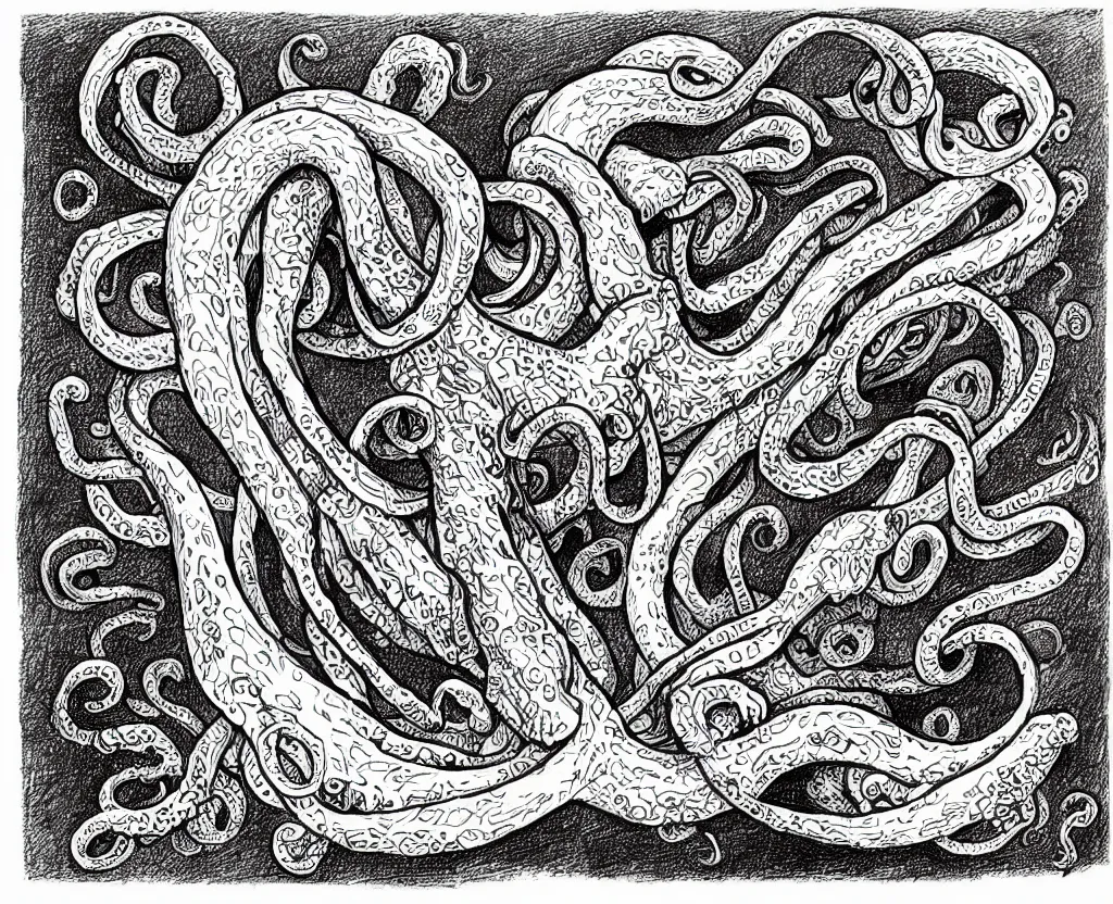 Prompt: a drawing of a large book with evil tentacles escaping from it, in the style of edward gorey