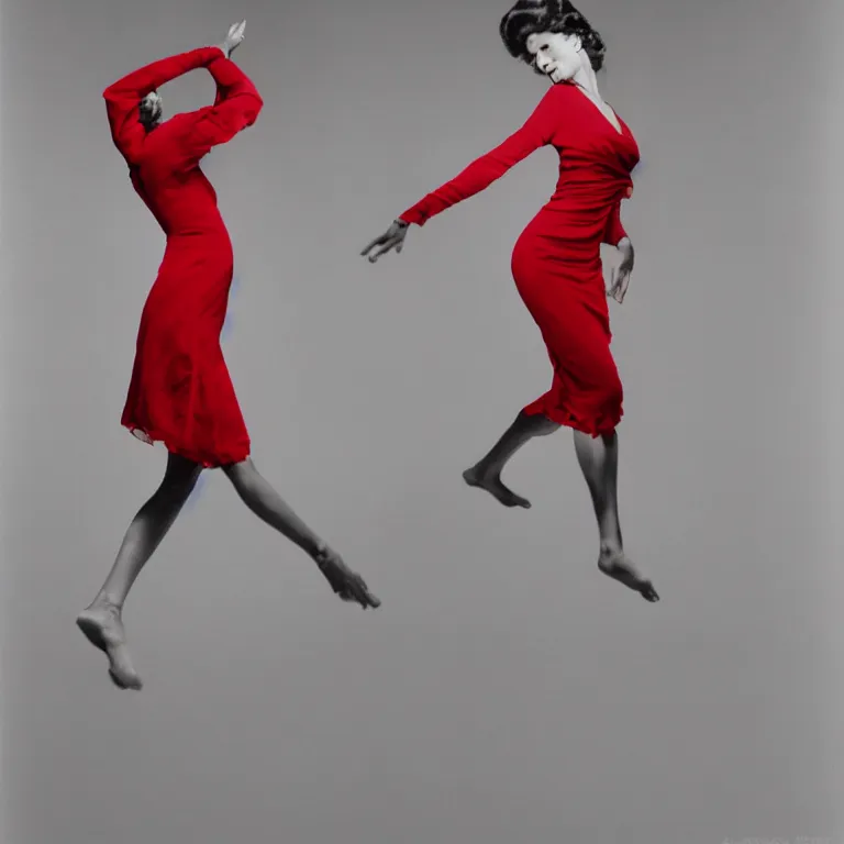 Image similar to A high-detailed photo of woman dancing in the night, grayscale photo with red dress, realism, photo by Richard Avedon