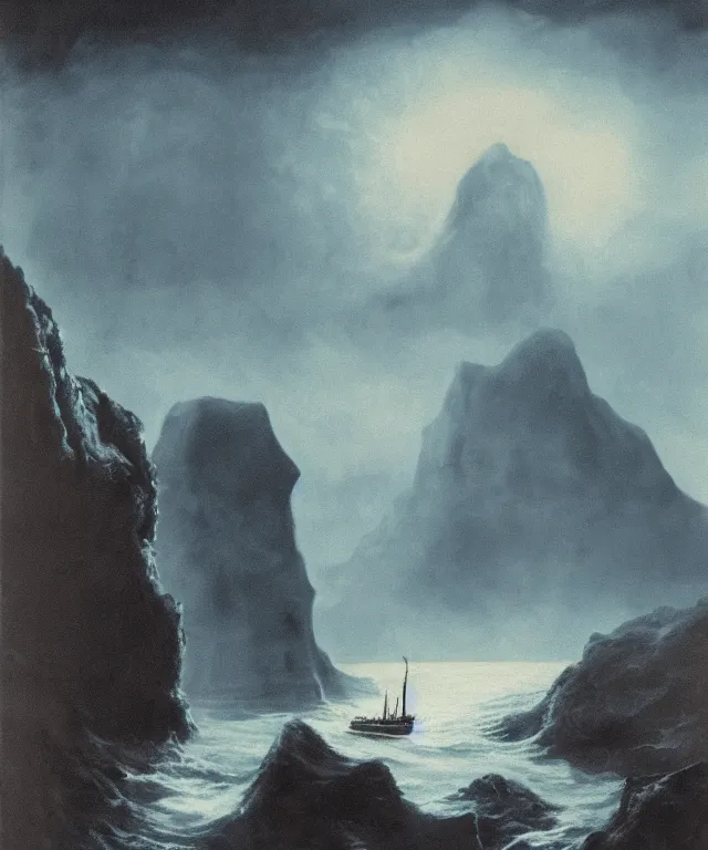 Prompt: photorealistic blue - toned photo of a 1 9 2 5 seiner sailing near a tropical skull - shaped cliff with the mouth of a sea cave at the waterline, dark, brooding, atmospheric, lovecraft, horror, smooth, epic, highly detailed, cinematic, by clyde caldwell