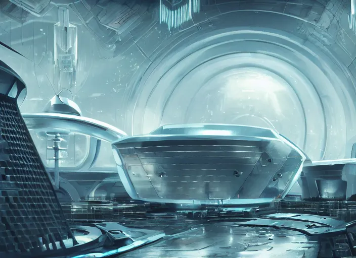 Image similar to cult of technology, exterior of scifi temple, machines, robots, ultra realistic, transparent labs, metallic surface, highly detailed, white, futuristic landscape, city, utopian architecture, atmosphere, masterpiece, portals, epic lighting, glowing wires, mysterious, 4 k, cinematic, art by patryk olkiewicz and chris ostrowski and liang yao