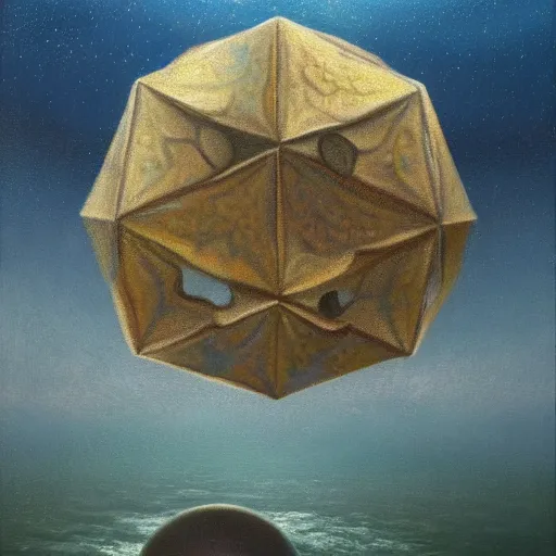 Image similar to a highly detailed oil painting of an icosahedron floating above a lake, Agostino Arrivabene