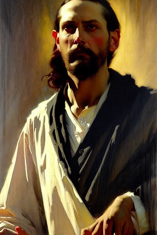 Image similar to leyendecker and solomon joseph solomon and richard schmid and jeremy lipking victorian loose genre loose painting full length portrait painting of jesus