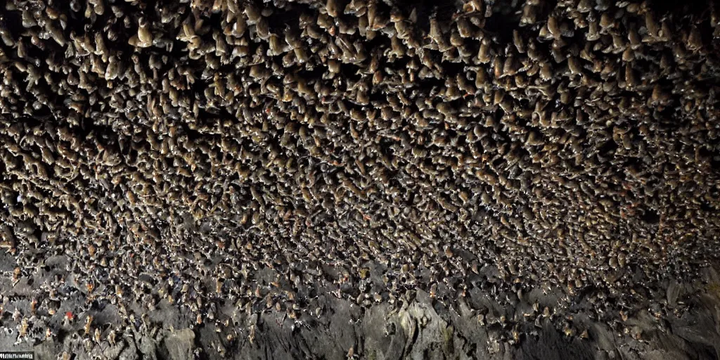 Prompt: a colony of Fruit bats with glowing eyes hang from the ceiling of an Indonesian cave, atmospheric, mysterious, in the style of National Geographic, hyperreal