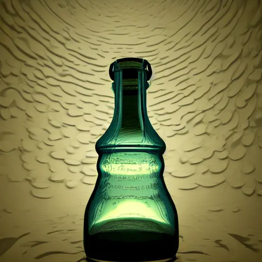 Image similar to a ship in a bottle floating on milk, kitchen tile background, 3d, fake caustics, ue5, cinema 4d, subsurface scattering, volumetric lighting