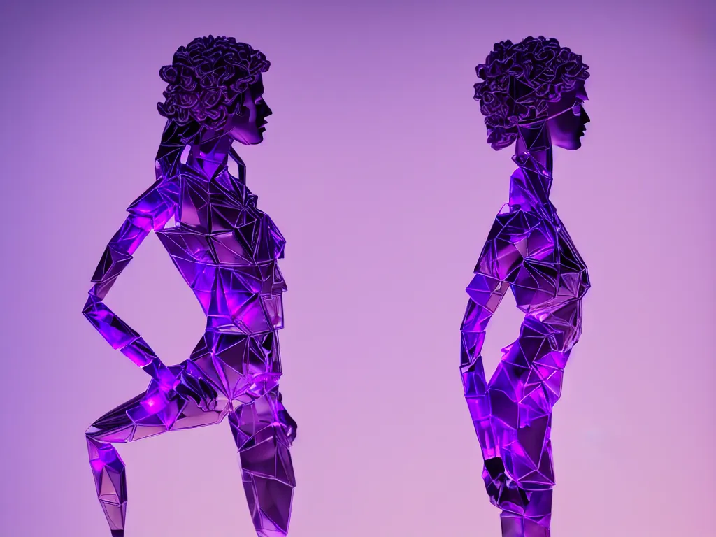 Image similar to beautiful mannequin sculpted out of amethyst by billelis + lit with purple 3 d geometric neon + chrome geometric cubed bonsai plants!!!!, doorway opening with neon pink geometric light, clean linework, dramatic, finely detailed, rule of thirds, moody, confident, award winning, 4 k, trending on artstation, photorealistic, volumetric lighting, octane render