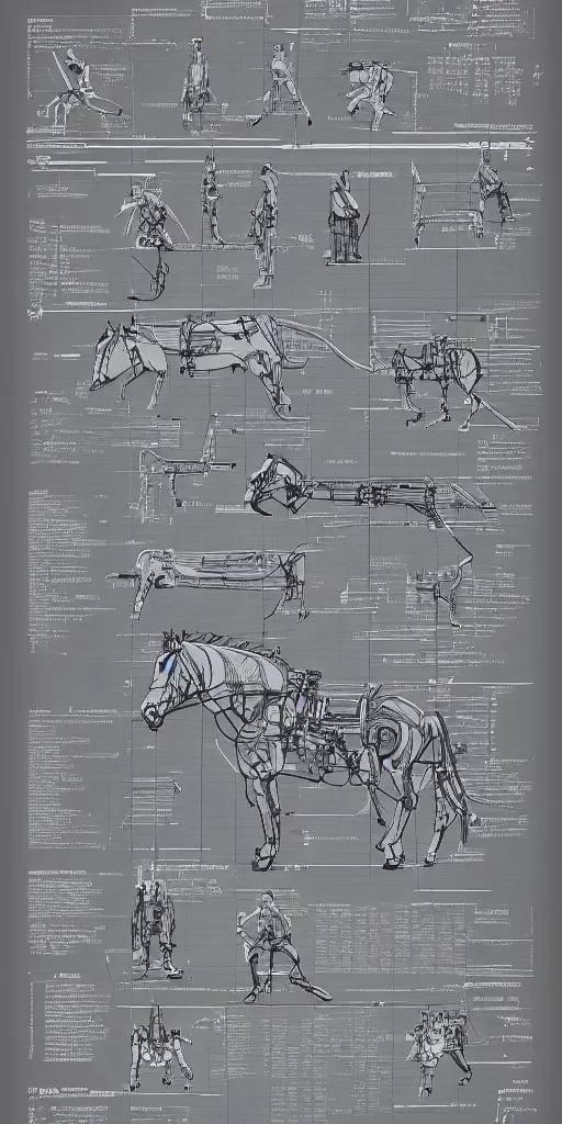 Prompt: robotic cowboy axonometric blueprint, plans, infographic, poster, westworld, year 1850