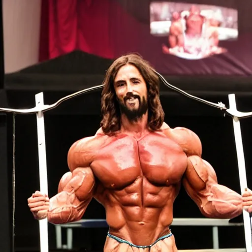 Prompt: Jesus Christ at Mr Olympia, hyperrealistic