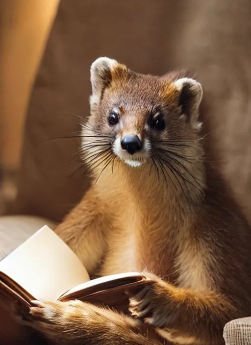 Image similar to A beautiful scene from a 2022 Marvel film featuring a humanoid pine marten in loose clothing reading on a couch. An anthropomorphic pine marten wearing a white shirt. Golden hour.