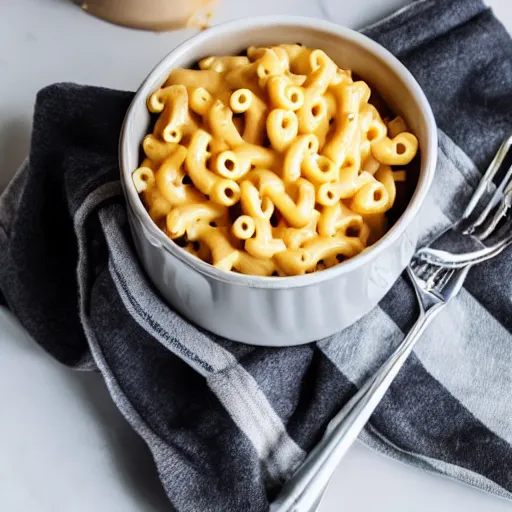 Prompt: realistic photo of a box of mac and cheese with a cup of coffee