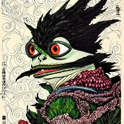 Image similar to pepe portrait painted in Frank frazzeta style drawn by Vania Zouravliov and Takato Yamamoto, inspired by Fables, intricate acrylic gouache painting, high detail, sharp high detail, manga and anime 2000