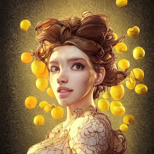 Image similar to the portrait of an absurdly beautiful, graceful, elegant, sophisticated, mature vixen made up of lemons looking up, an ultrafine hyperdetailed illustration by kim jung gi, irakli nadar, intricate linework, bright colors, octopath traveler, final fantasy, unreal engine 5 highly rendered, global illumination, radiant light, detailed and intricate environment