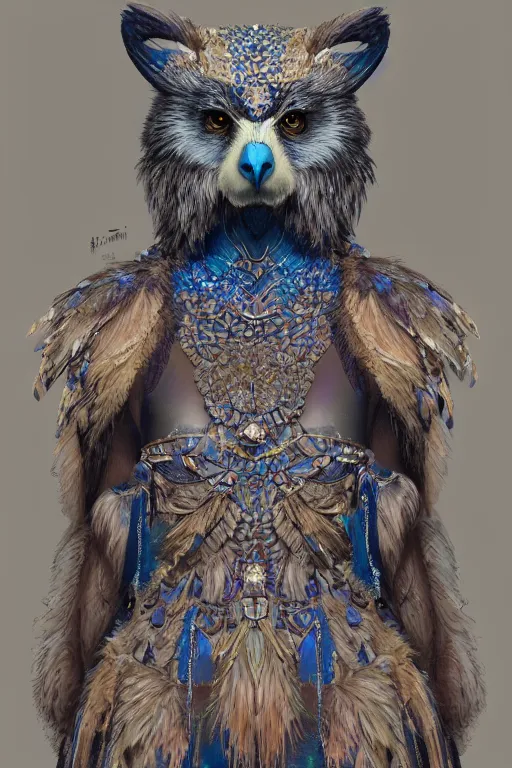 Prompt: a beautiful upper body shot from a fantasy film of a humanoid iridescent blue female falcon bear hybrid wearing a loose tunic. an anthropomorphic owlbear. fantasy, frown, intricate, elegant, highly detailed, digital painting, artstation, concept art, matte, sharp focus, illustration, art by artgerm and greg rutkowski and alphonse mucha