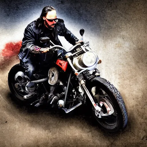 Image similar to Keanu reeves Riding a motorcycle through hell digital art 4K detail