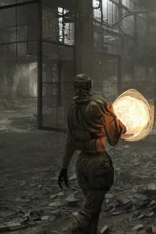 Image similar to a stalker with a detector in his hand from the game s.t.a.l.k.e.r stands next to a translucent luminous sphere in an abandoned factory