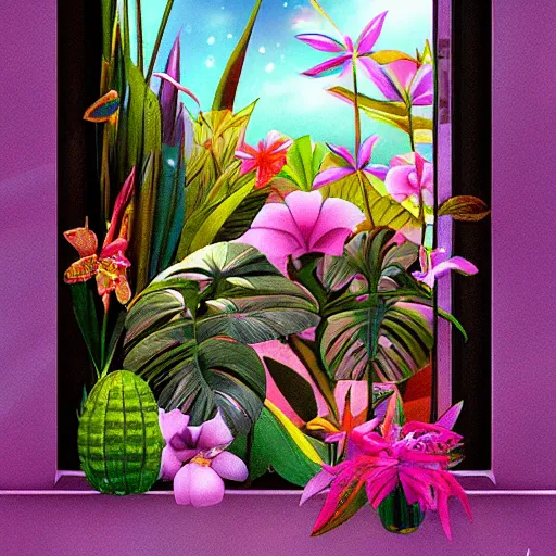 Image similar to a window full of tropical flowers, inside the window you can see the galaxy, fantasy art, trend in artstation