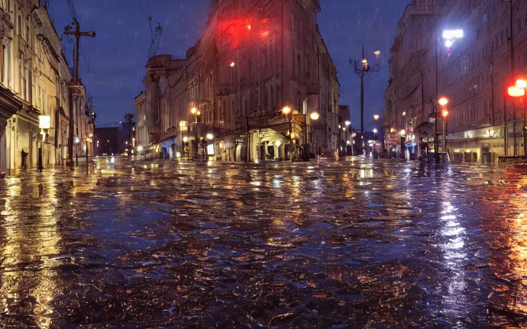 Prompt: wet helsinki street at night, in the style of grand theft auto gameplay