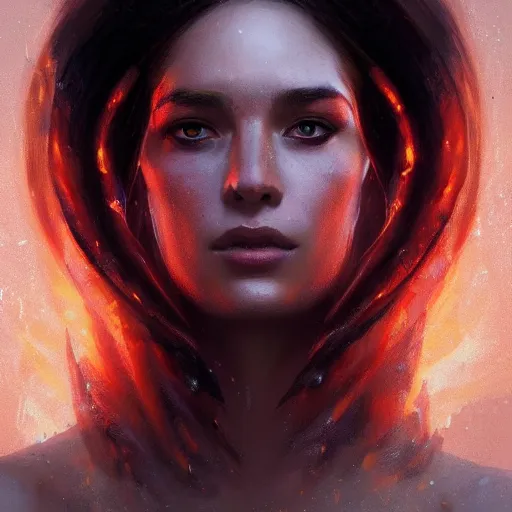 Image similar to a beautiful portrait of a fire goddess by greg rutkowski and raymond swanland, trending on artstation, flaming background, ultra realistic digital art