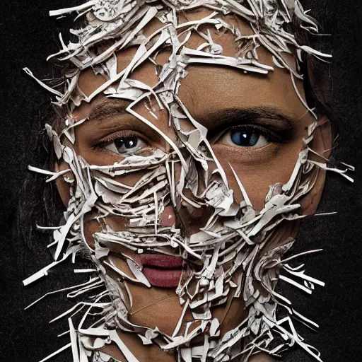 Image similar to face shredded like paper peeling, dark, surreal, illustration, by ally burke