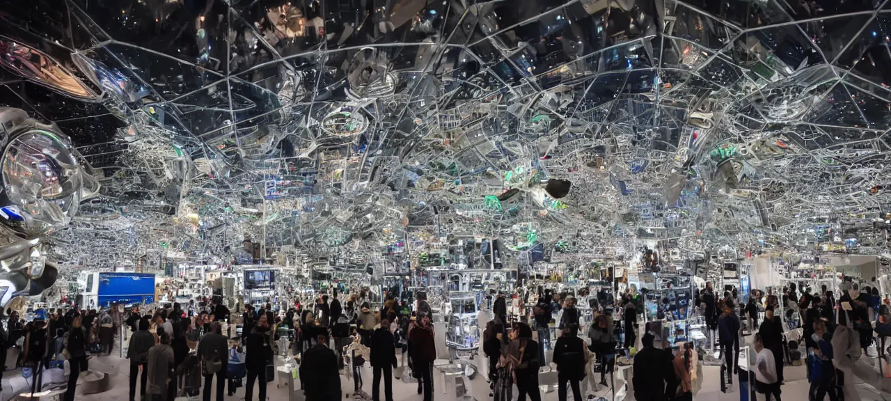 Prompt: A wide view into a showcase full of thousands of tiny mechanical futuristic gadgets, illuminated from top with spolights in a huge room of a futuristic museum