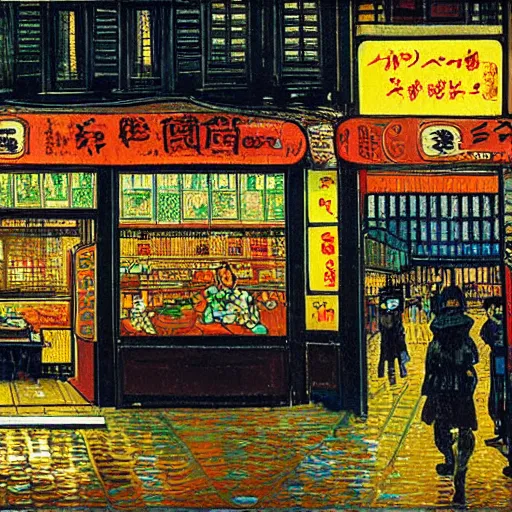 Image similar to bladerunnner noodle shop scene, cyberpunk, japan city, van gogh painting,