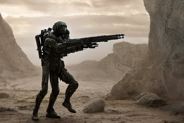 Image similar to vfx movie, sci - fi super soldier in worn military futuristic armor, leaping with futuristic rifle in alien technology temple, by emmanuel lubezki