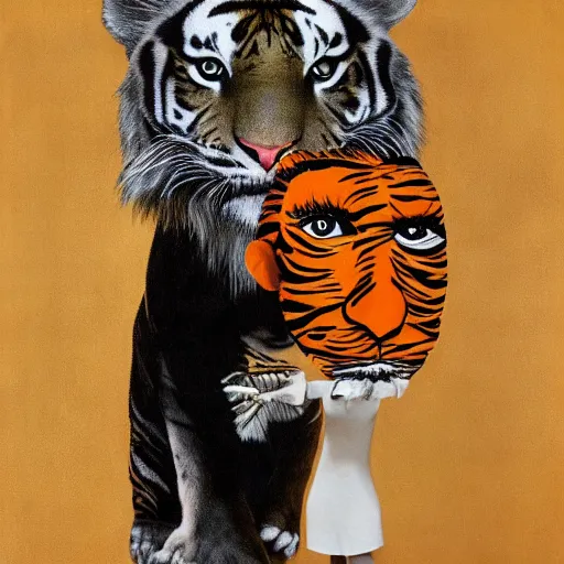 Image similar to man anthropomorphic portrait furry orange ears Mike tyson the champion camouflaged as a tiger wearing a black shirt norman rockwell robert rauschenberg nelson shanks giorgio de chirico