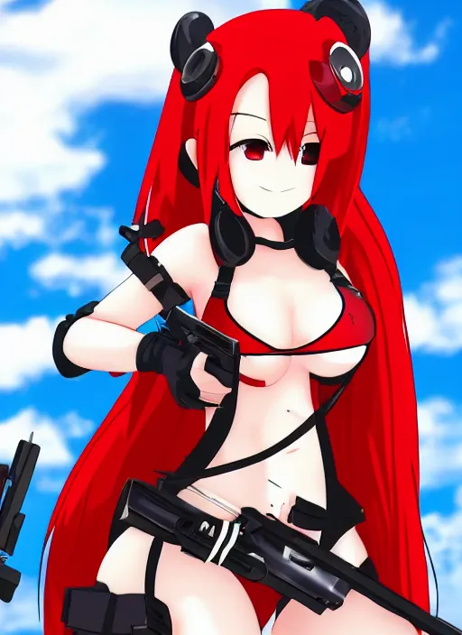 Image similar to Yoko Littner with red hair aiming a anti material rifle, anime manga, high resolution