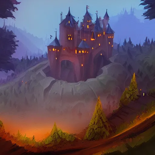 Prompt: a castle on a hill, in the middle of a forest, dusk, landscape, concept art, painting