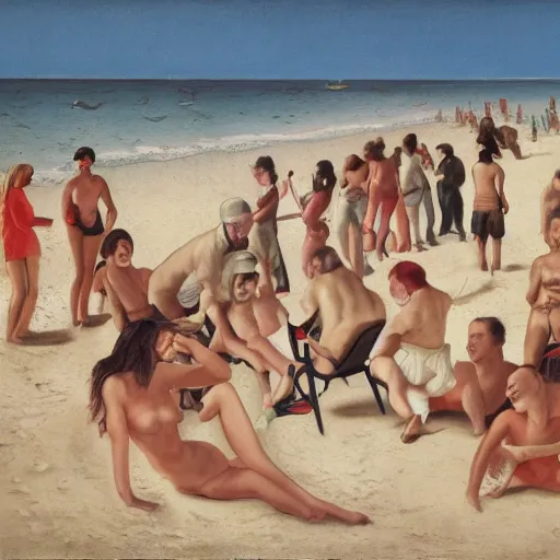 Prompt: an art piece depicting a social gathering on a beach in the style of richard hamilton