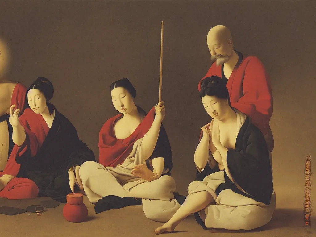 Image similar to portrait of man and woman in zen meditation, with giant lollipop. painting by georges de la tour