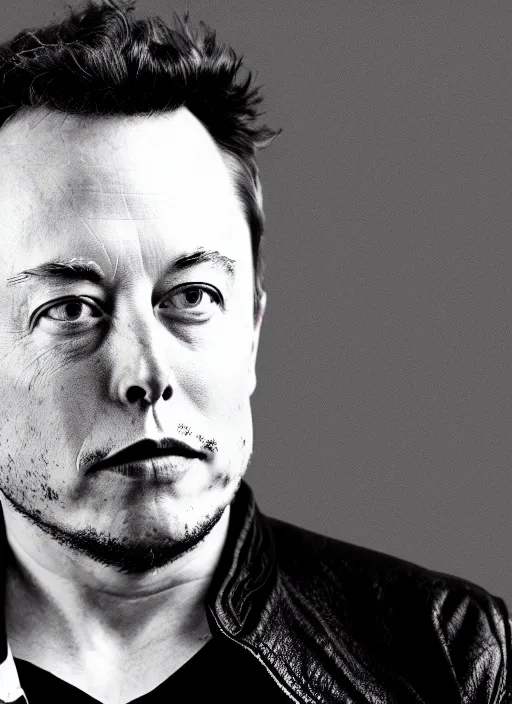 Image similar to A portrait photo of old Elon Musk, high contrast, black and white