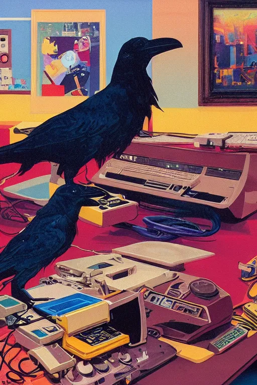 Image similar to a raven digging through 8 0 s era technology, vintage shapes, retro technology, happy color, wayne barlow, oil on canvas, deep depth of field, masterpiece, cinematic composition, hyperdetailed