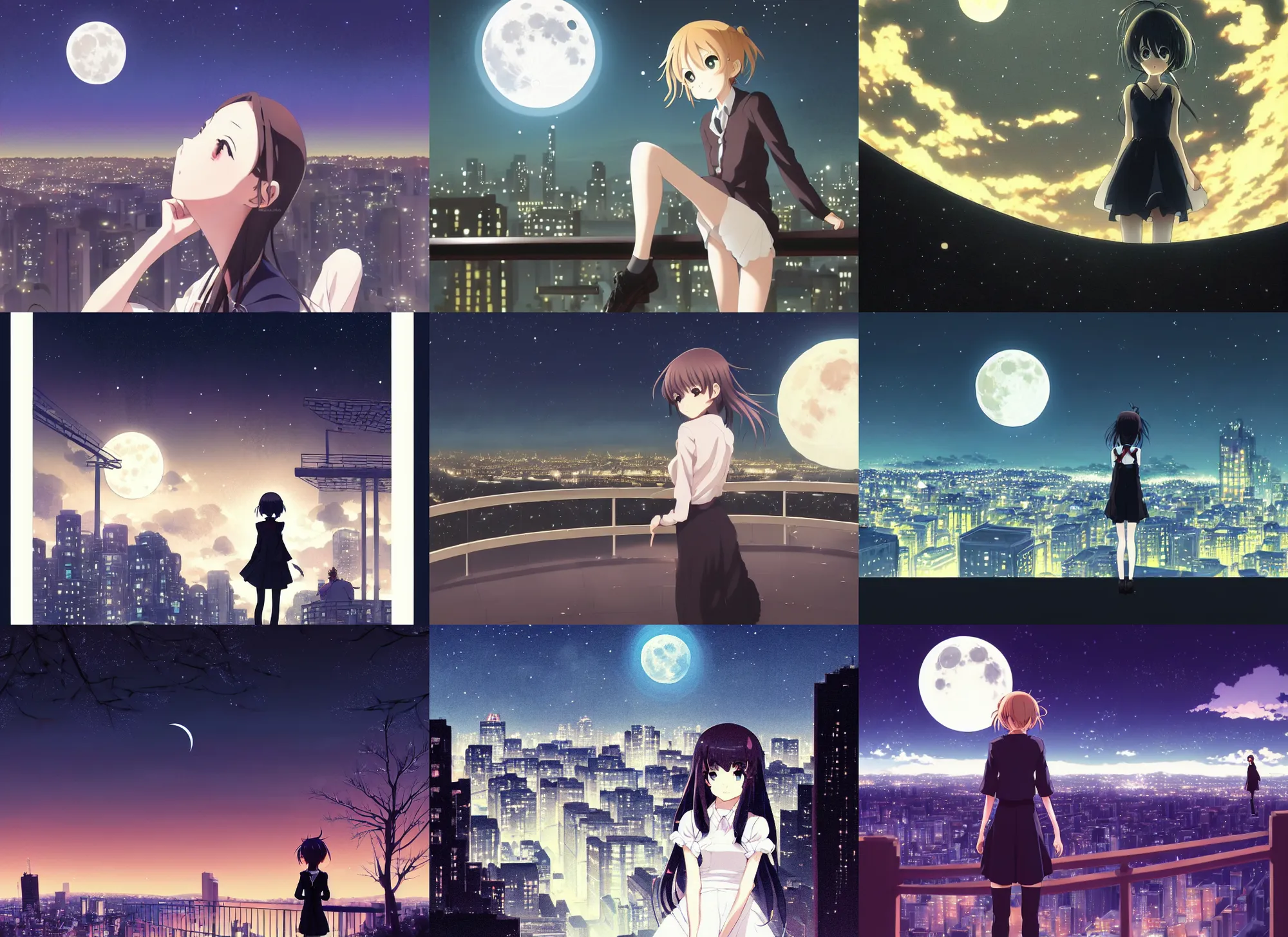 Prompt: anime visual, dark portrait of an elegant girl sightseeing above the city at night in the park, moon, guardrail, cute face by yoh yoshinari, katsura masakazu, dynamic pose, dynamic perspective, ilya kuvshinov, strong silhouette, anime cels, 1 8 mm, rounded eyes, realistic proportions, dramatic, detailed facial features