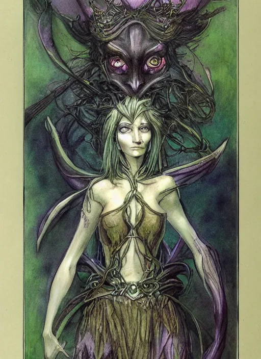 Prompt: portrait of lithe female sorceress of the fey, beautiful! coherent! dungeons and dragons character, by brian froud, strong line, night color, high contrast