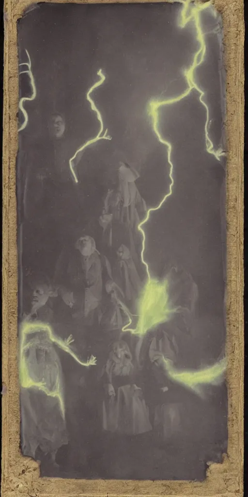 Prompt: spirit photography with glowing bulbous ectoplasm, scary shadow people, couple mourning, sleep paralysis demon, plasma lightning bolts, 1 9 0 0 s, slimer, summoning tall horned demon, mourning family, invoke fear and dread, old photograph, daguerreotype