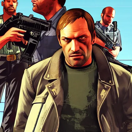 Image similar to Leon Kennedy in GTA 5, cover art by Stephen Bliss, boxart, loading screen