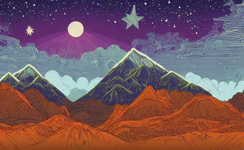 Prompt: mountains, stars and paisley filled sky, artstation, intricate, highly detailed, digital painting, concept art, sharp focus, illustration by Tom Whalen and Ivan Bilibin