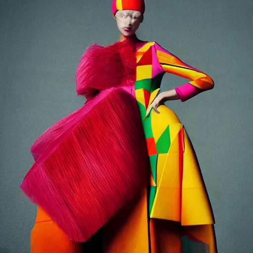 Prompt: a model dressed in an avant garde colorful haute couture dress, angular minimalism, vogue full color editorial photo, sharp focus dynamic light
