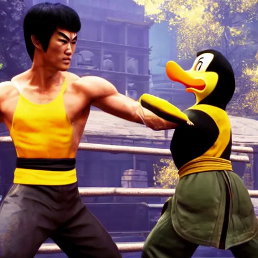 Image similar to gameplay screenshot of bruce lee vs donald duck in mortal kombat 1 1,