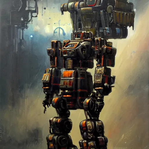 Image similar to A painting of a mech in the style of James Gurney, oil on canvas