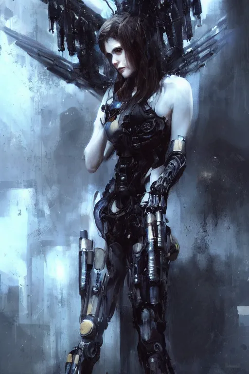 Prompt: Alexandra Daddario as a beautiful cybernetic angel of death. Digital art, trending on artstation. Jeremy Mann.