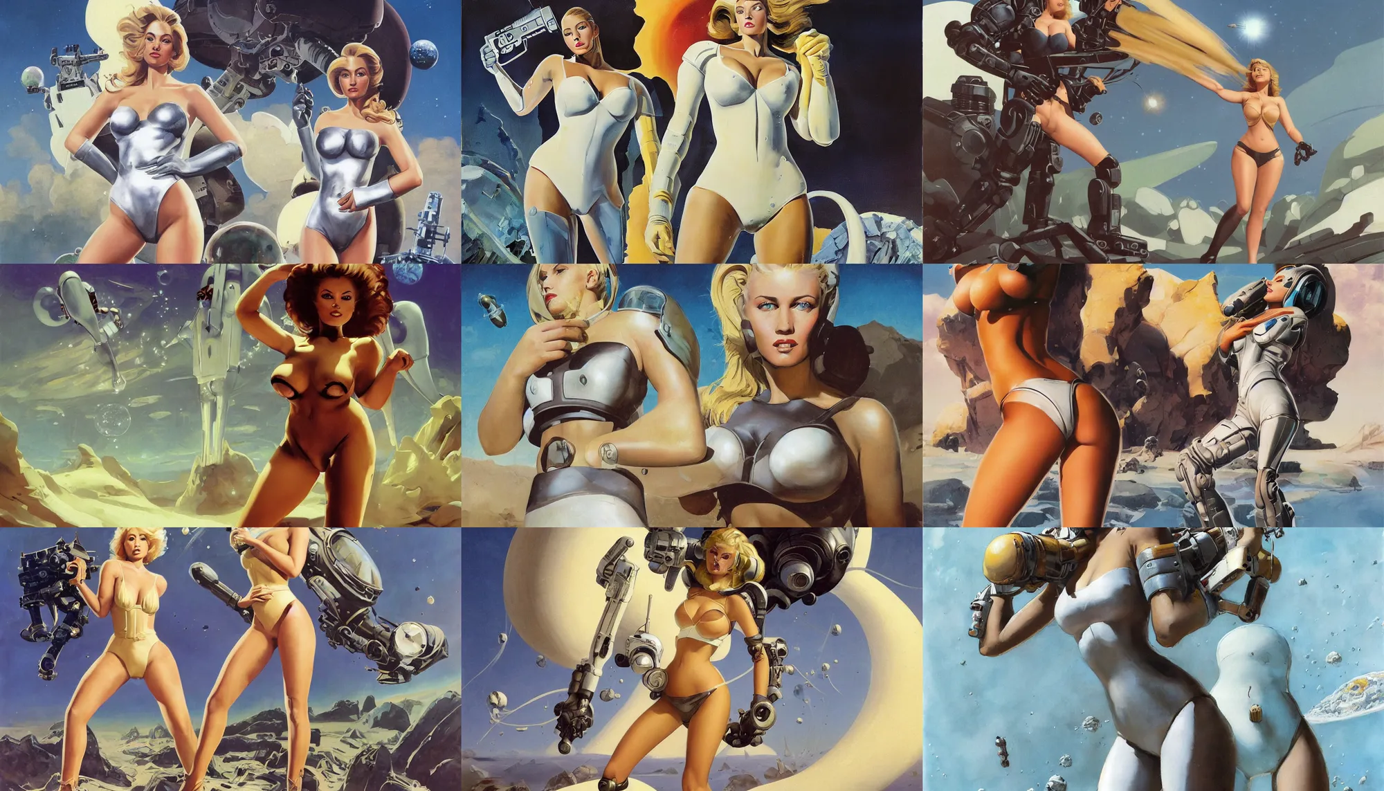 Image similar to A mixed media portrait painting of a beautiful blonde brunette woman exploring an alien planet, very curvy, aesthetic! high-waisted white-bikini-armor and boots, holding raygun, aesthetic symmetrical face and eyes, model, Scandinavian, wet, discarded mechsuit in background, by Frank Frazetta, Boris Vallejo, Beeple, Greg Rutkowski, Christian MacNevin, eighties-pinup style, epic fantasy character art, high fantasy, CGsociety, exquisite detail, post-processing, masterpiece, cinematic