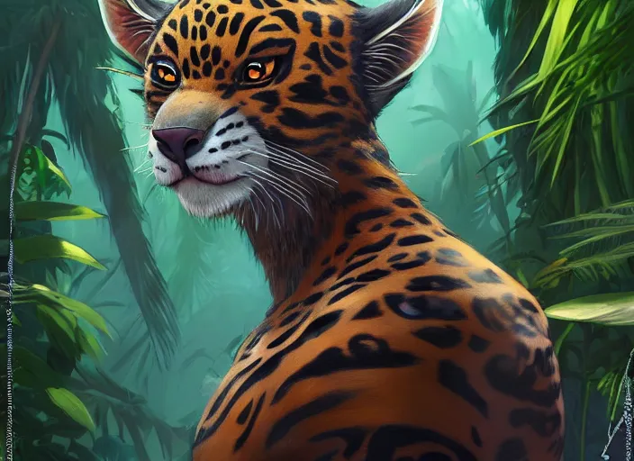 Image similar to character portrait feature of the anthro male anthropomorphic jungle cat jaguar fursona animal person wearing shaman tribal outfit robes belt standing in the amazon rainforest two legs, character design stylized by charlie bowater, ross tran, artgerm, makoto shinkai, detailed, soft lighting, rendered in octane