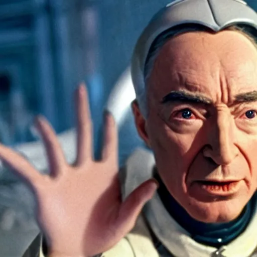 Image similar to robert oppenheimer ( accurate face ) as magneto, high resolution movie still, photorealistic, 8 k