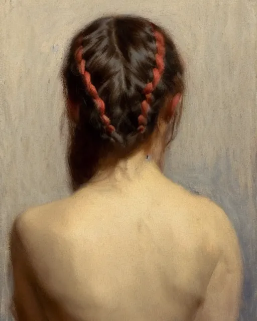 Prompt: girl with plaits, back view, red shirt, by jeremy lipking, joseph todorovitch