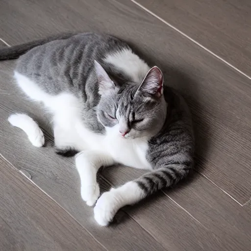 Prompt: gray and white cat sleeping on the hardwood floor, sleeping on his side, fluffy, dimly lit room