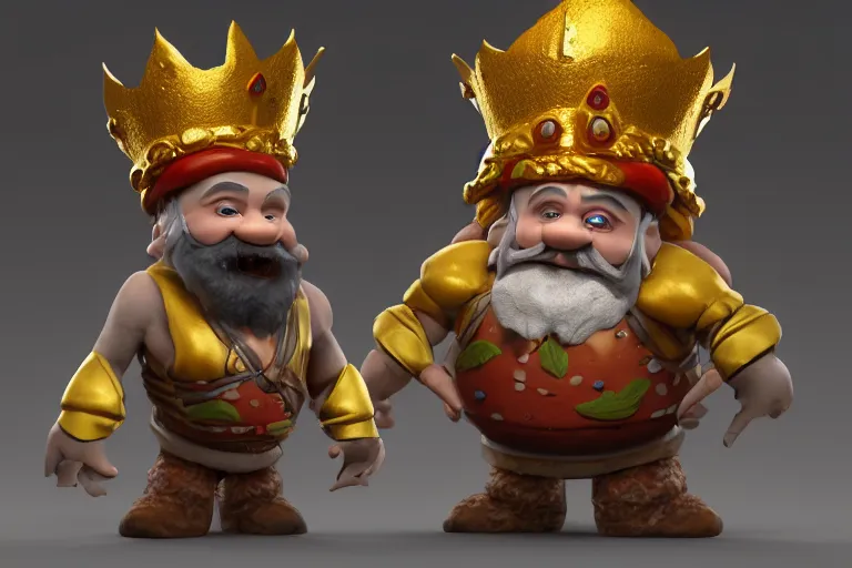 Prompt: 3 d render of a dwarf character who is a king, wearing golden crown, pizza topping, burning in a wood fired oven, cooking pizza, highly detailed octane render, artstation, surrealism, pixar