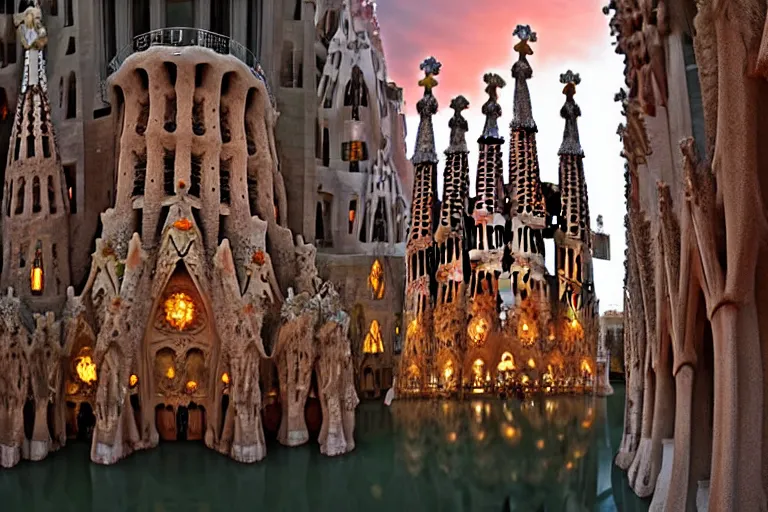 Prompt: views of catastrophic barcelona's sagrada familia covered with high water, global warming, floating cars, sunset lighting, photo real