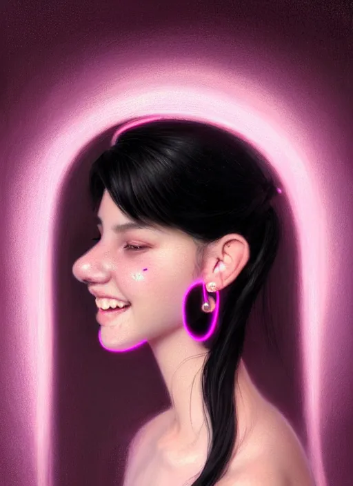 Image similar to portrait of teenage girl, narrow face, black hair, bangs, half updo hairstyle, skinny, smile, unattractive, defined jawline, big chin, wearing pink hair bow, earrings, intricate, elegant, glowing lights, highly detailed, digital painting, artstation, sharp focus, illustration, art by wlop, mars ravelo and greg rutkowski